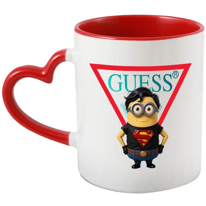 Cana Cu Minion, Cu Textul "Guess" - Design 12, Ceramica, 330ML, Cu Maner Inima Rosie si Interior Rosu