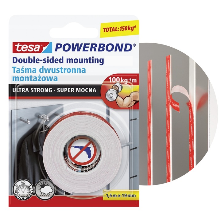 Двустранна лента Tesa POWERBOND ULTRA STRONG 1,5м x 19мм, бяла, товароносимост 100кг/м
