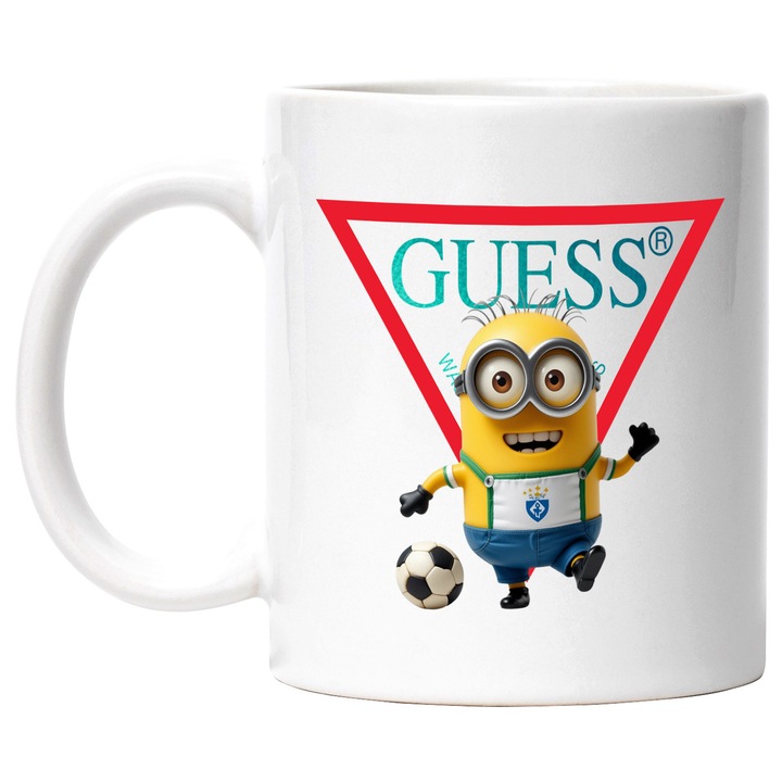 Cana Cu Minion, Cu Textul "Guess" - Design 16, Ceramica, 330ML, Cu Maner si Interior Alb