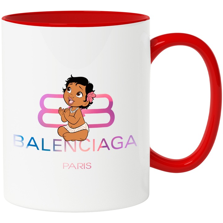 Cana Cu Moana, Cu Textul "Balenciaga Paris" - Design 1, Ceramica, 330ML, Cu Maner si Interior Rosu