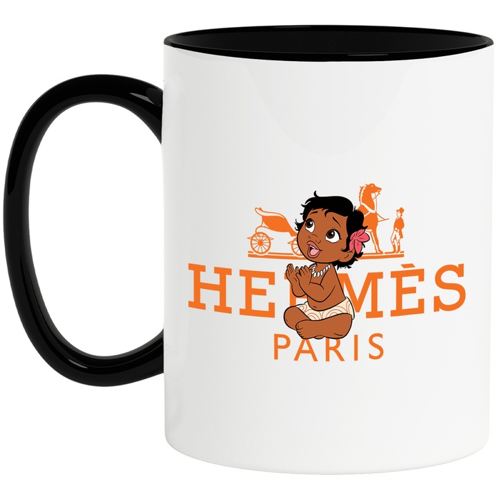 Cana Cu Moana, Cu Textul "Hermes Paris" - Design 1, Ceramica, 330ML, Cu Maner si Interior Negru