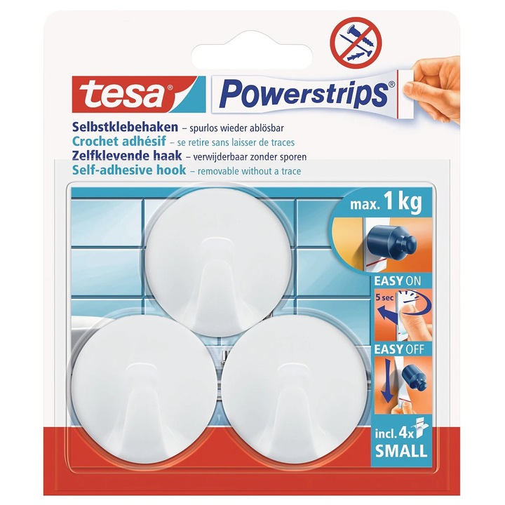 Carlig autoadeziv Tesa Powerstrips, set 3 buc, rotund, alb, 41x18,7mm, capacitate 1kg