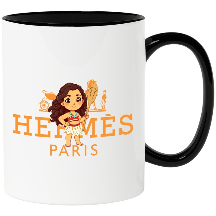 Cana Cu Moana, Cu Textul "Hermes Paris" - Design 5, Ceramica, 330ML, Cu Maner si Interior Negru