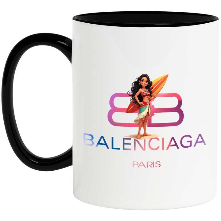 Cana Cu Moana, Cu Textul "Balenciaga Paris" - Design 6, Ceramica, 330ML, Cu Maner si Interior Negru