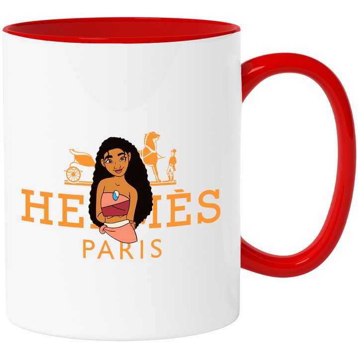 Cana Cu Moana, Cu Textul "Hermes Paris" - Design 7, Ceramica, 330ML, Cu Maner si Interior Rosu