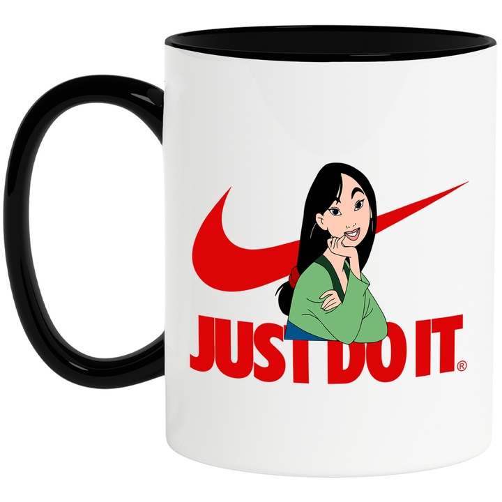 Cana Cu Mulan, Cu Textul "Nike Just Do It" - Design 5, Ceramica, 330ML, Cu Maner si Interior Negru
