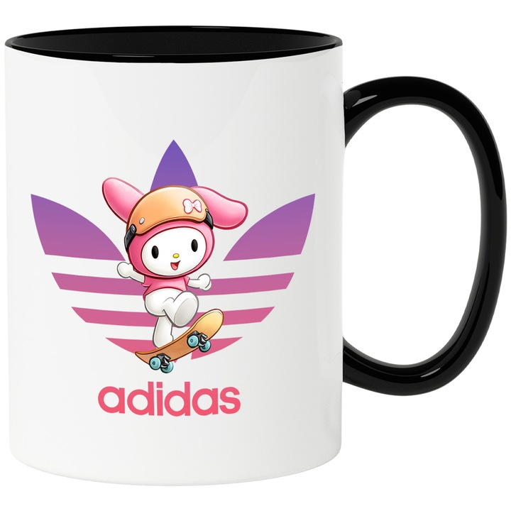 Cana Cu My melody, Cu Textul "Adidas" - Design 1, Ceramica, 330ML, Cu Maner si Interior Negru