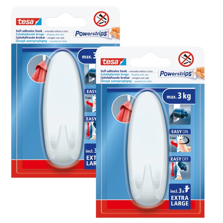 Carlig autoadeziv Tesa, oval, alb, 3kg, set 1+3 plasturi Powerstrips Extra Large
