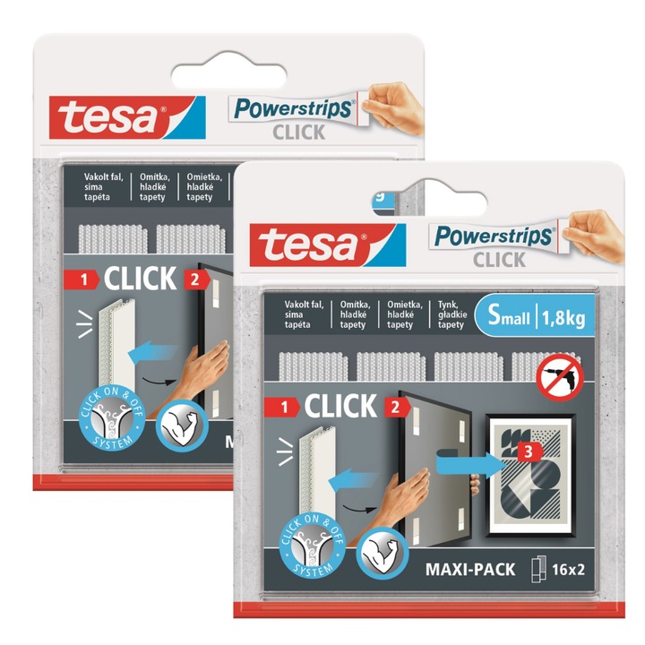 Лепяща лента Tesa Powerstrips CLICK, комплект 16 чифта, размер S, монтаж без повреди, лесна употреба