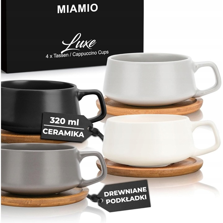 Set 4 Cani Ceramice 320ml cu Suporturi Bambus pentru Cafea/Ceai