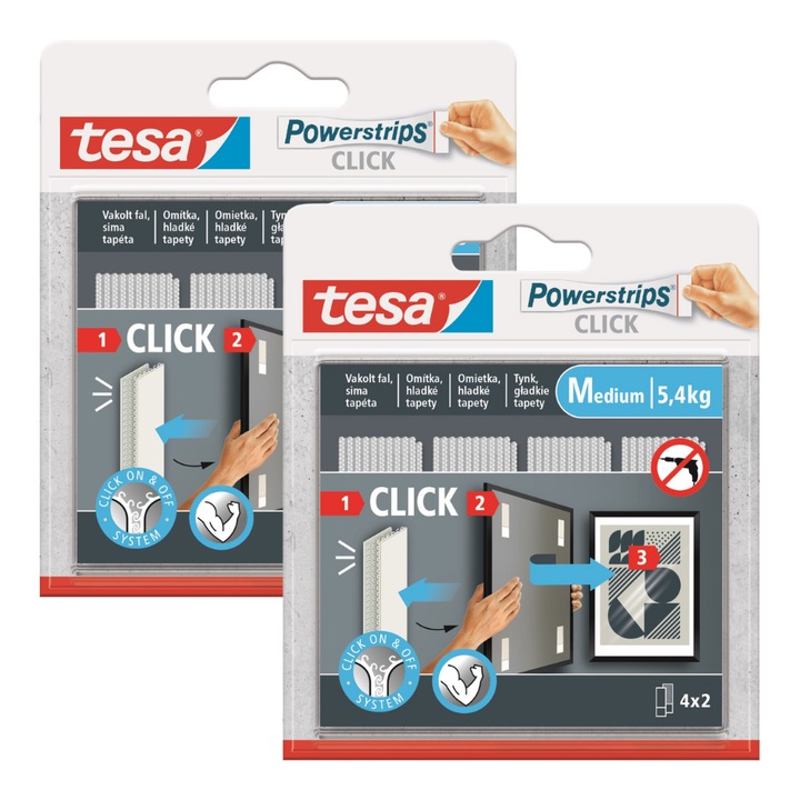 Banda adeziva Tesa Powerstrips CLICK, set 4 perechi, dimensiune M, montare fara daune, utilizare usoara