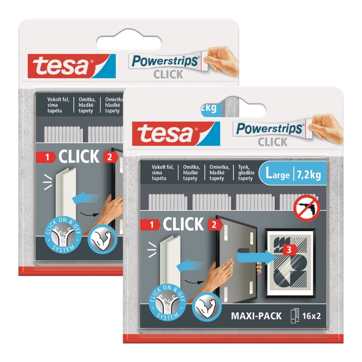 Banda autoadeziva Tesa Powerstrips CLICK, 16 par, dimensiune L, montare fara unelte, utilizare usoara
