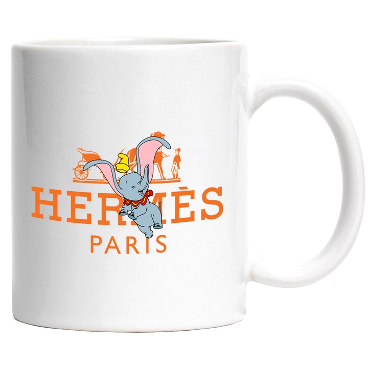 Cana Cu Dumbo, Cu Textul "Hermes Paris" - Design 2, Ceramica, 330ML, Cu Maner si Interior Alb