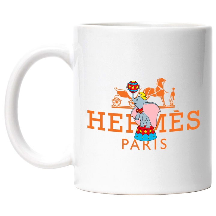 Cana Cu Dumbo, Cu Textul "Hermes Paris" - Design 4, Ceramica, 330ML, Cu Maner si Interior Alb