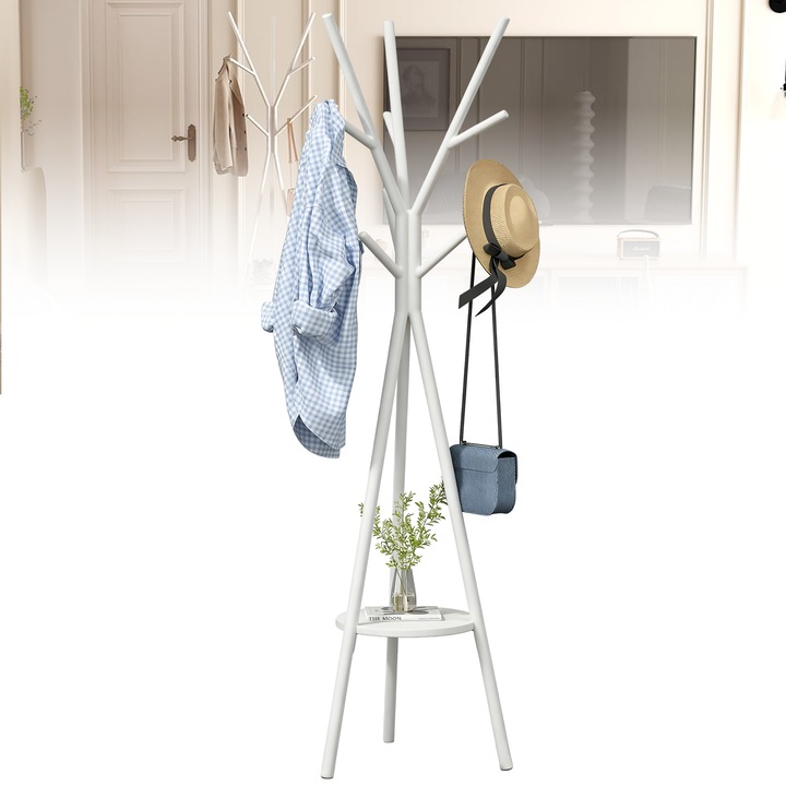 Cuier tip pom, Wacorresi, cu 1 polite, 8 carlige, stabil, modern, pentru haine, palarii, esarfe, Alb