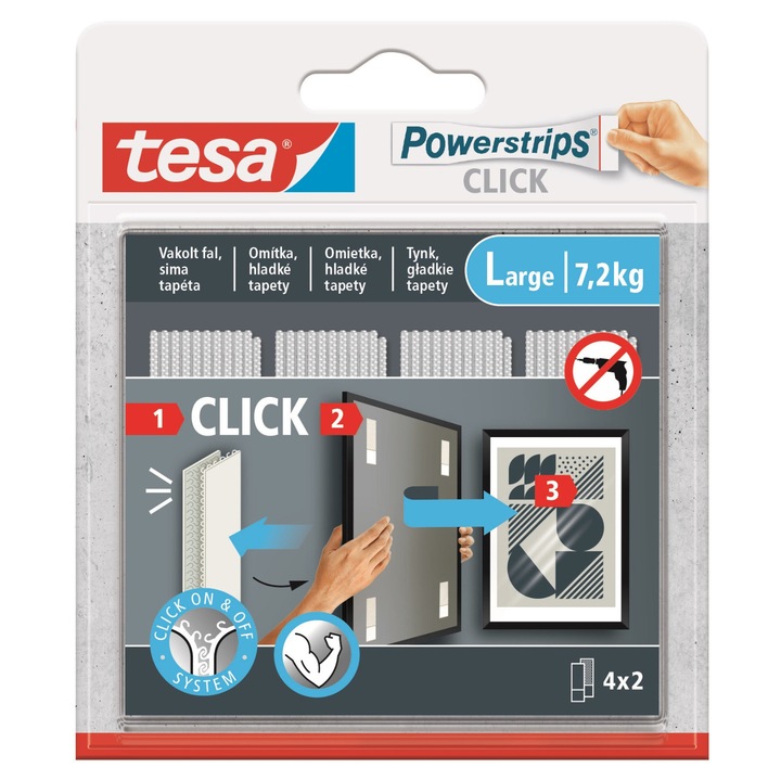 Banda adeziva Tesa Powerstrips CLICK, set 4 perechi, dimensiune L, montare fara daune, utilizare usoara