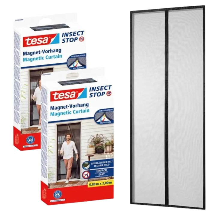 Plasa magnetica Tesa, set 2 buc, 0,9x2,1m, neagra, pentru usi