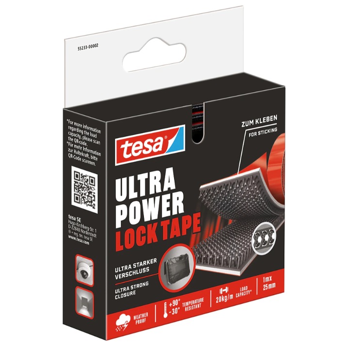 Banda adeziva Tesa Ultra Power Lock, 1m x 25mm, neagra, rezistenta, utilizare interioara si exterioara