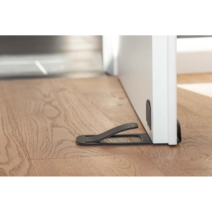 Ogranicitor de usi Designnest, model DoorStop SPRING, elastic, autoadeziv, negru, 18x8x3cm