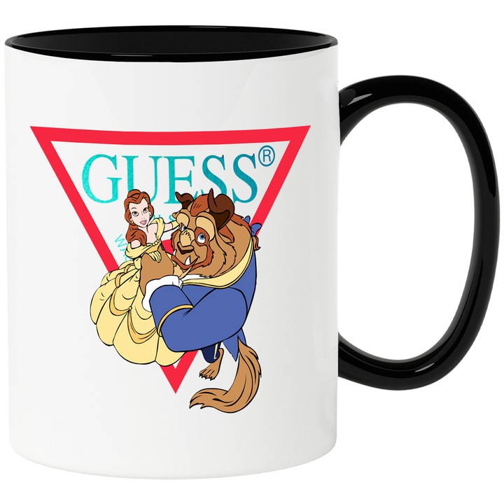 Cana Cu Frumoasa si bestia, Cu Textul "Guess" - Design 2, Ceramica, 330ML, Cu Maner si Interior Negru