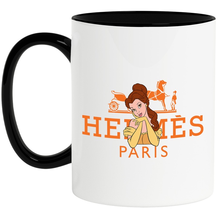 Cana Cu Frumoasa si bestia, Cu Textul "Hermes Paris" - Design 7, Ceramica, 330ML, Cu Maner si Interior Negru