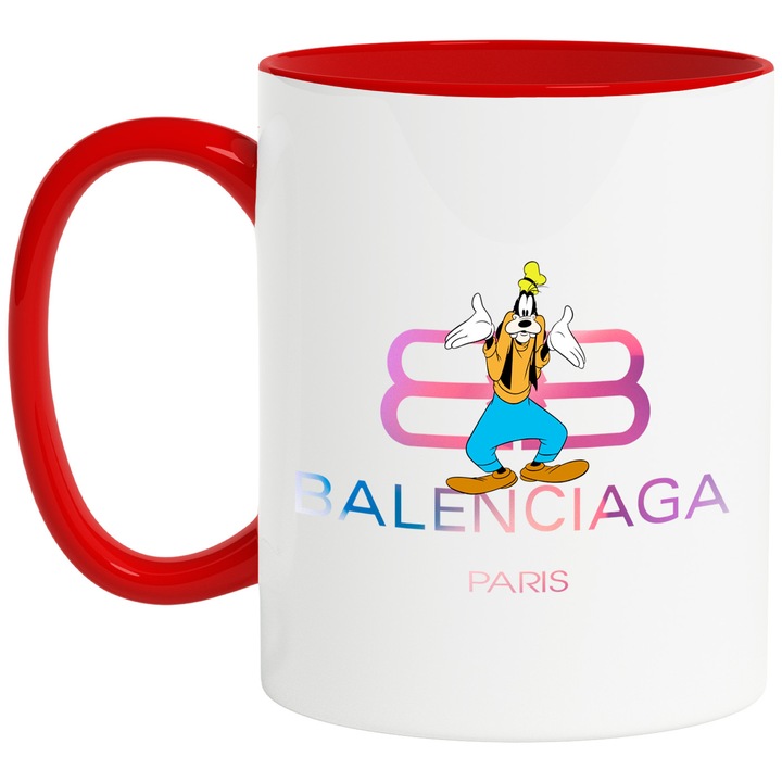 Cana Cu Goofy, Cu Textul "Balenciaga Paris" - Design 2, Ceramica, 330ML, Cu Maner si Interior Rosu