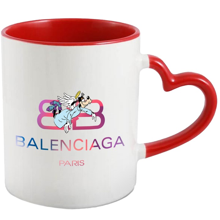 Cana Cu Goofy, Cu Textul "Balenciaga Paris" - Design 3, Ceramica, 330ML, Cu Maner Inima Rosie si Interior Rosu