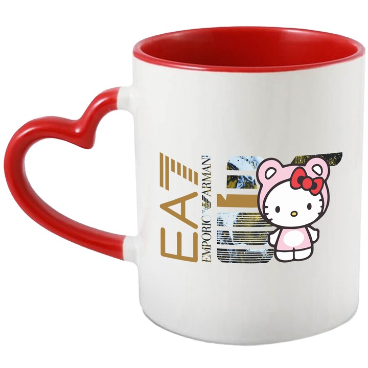 Cana Cu Hello Kitty, Cu Textul "Emporio Armani EA" - Design 1, Ceramica, 330ML, Cu Maner Inima Rosie si Interior Rosu