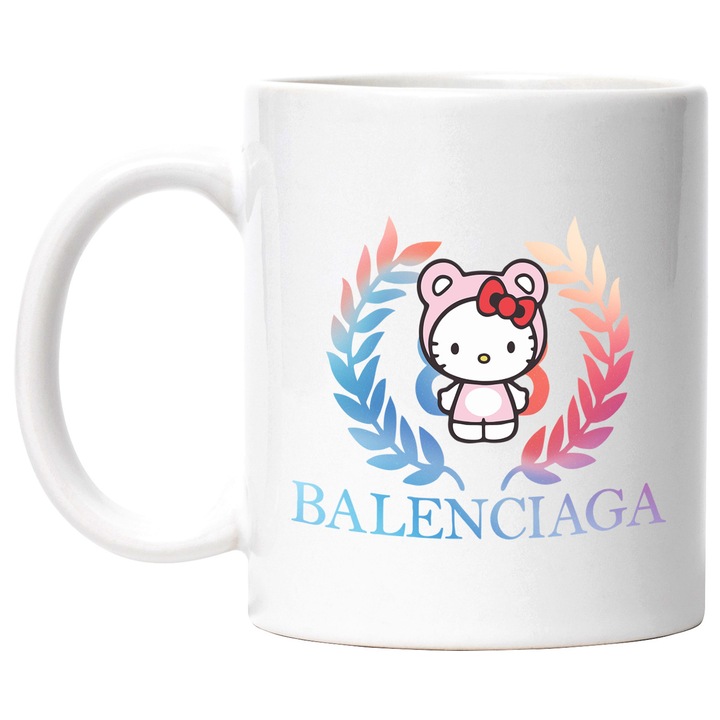 Cana Cu Hello Kitty, Cu Textul "Balenciaga" - Design 1, Ceramica, 330ML, Cu Maner si Interior Alb