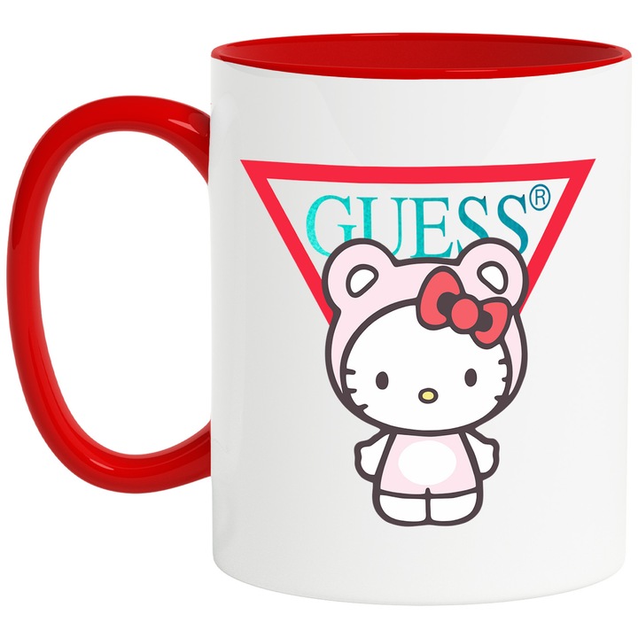Cana Cu Hello Kitty, Cu Textul "Guess" - Design 1, Ceramica, 330ML, Cu Maner si Interior Rosu