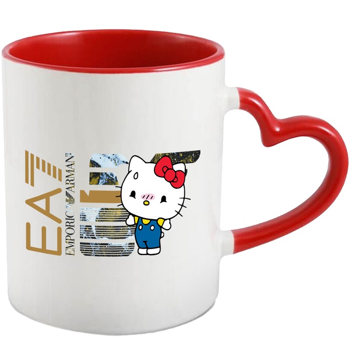 Cana Cu Hello Kitty, Cu Textul "Emporio Armani EA" - Design 3, Ceramica, 330ML, Cu Maner Inima Rosie si Interior Rosu
