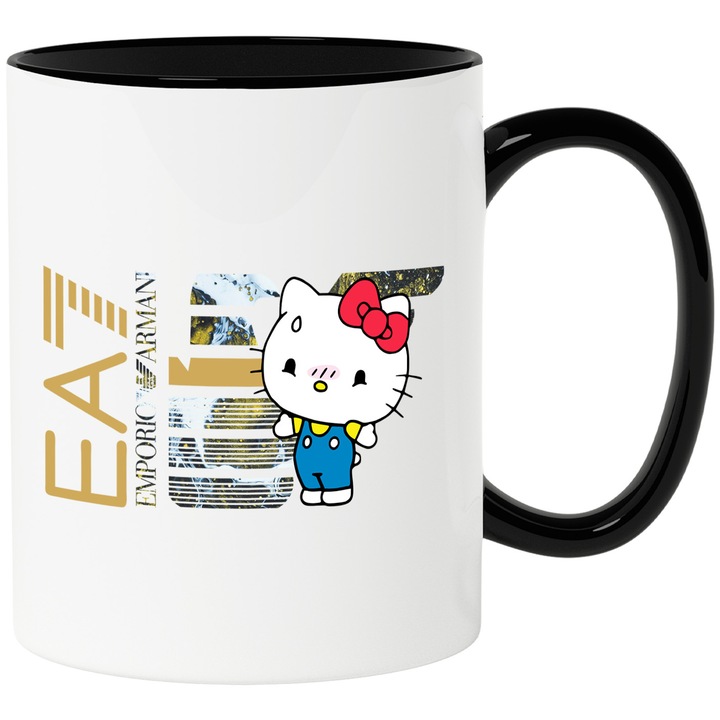 Cana Cu Hello Kitty, Cu Textul "Emporio Armani EA" - Design 3, Ceramica, 330ML, Cu Maner si Interior Negru