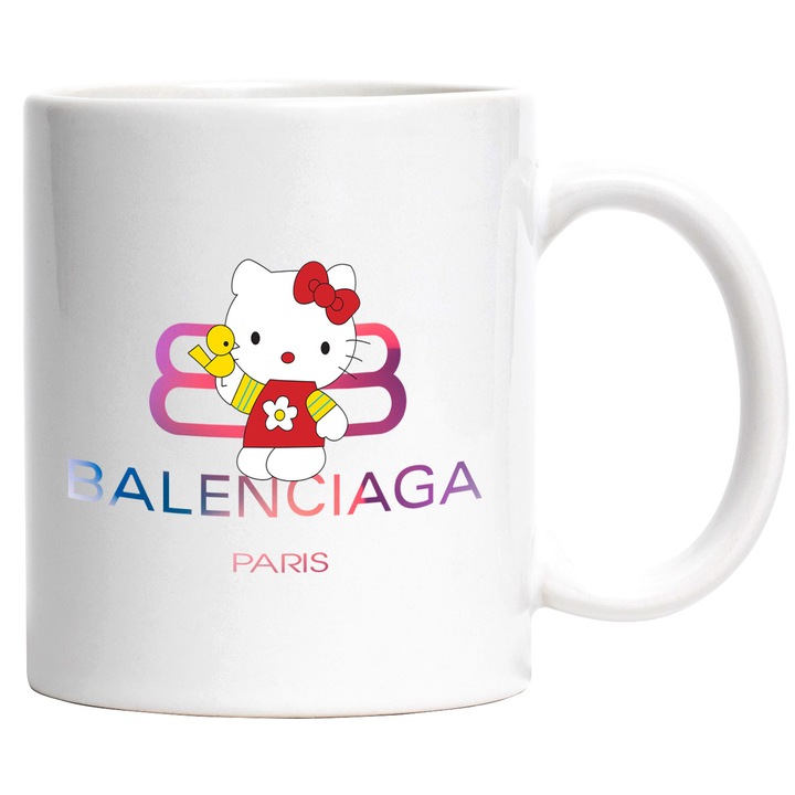 Cana Cu Hello Kitty, Cu Textul "Balenciaga Paris" - Design 4, Ceramica, 330ML, Cu Maner si Interior Alb