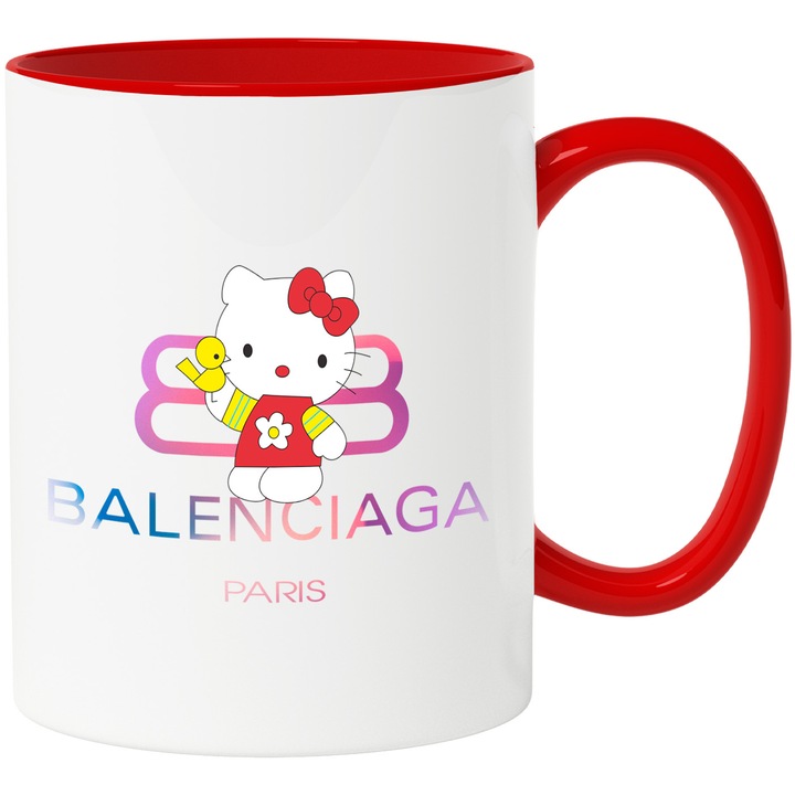 Cana Cu Hello Kitty, Cu Textul "Balenciaga Paris" - Design 4, Ceramica, 330ML, Cu Maner si Interior Rosu