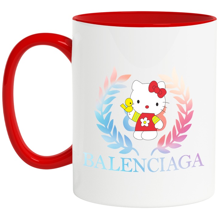 Cana Cu Hello Kitty, Cu Textul "Balenciaga" - Design 4, Ceramica, 330ML, Cu Maner si Interior Rosu