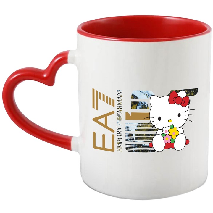 Cana Cu Hello Kitty, Cu Textul "Emporio Armani EA" - Design 5, Ceramica, 330ML, Cu Maner Inima Rosie si Interior Rosu
