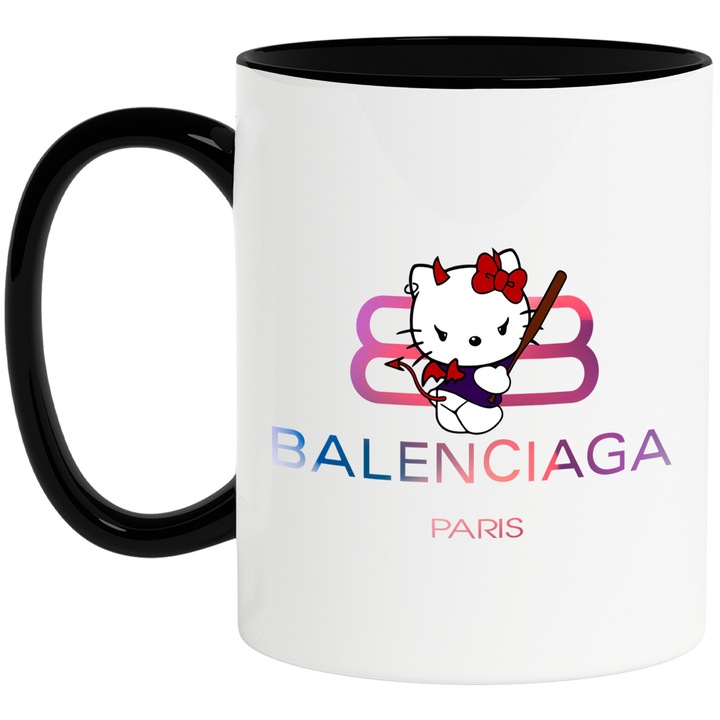 Cana Cu Hello Kitty, Cu Textul "Balenciaga Paris" - Design 6, Ceramica, 330ML, Cu Maner si Interior Negru