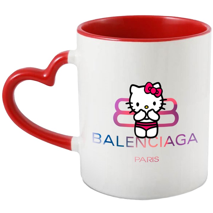 Cana Cu Hello Kitty, Cu Textul "Balenciaga Paris" - Design 7, Ceramica, 330ML, Cu Maner Inima Rosie si Interior Rosu
