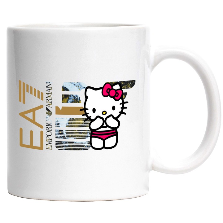 Cana Cu Hello Kitty, Cu Textul "Emporio Armani EA" - Design 7, Ceramica, 330ML, Cu Maner si Interior Alb