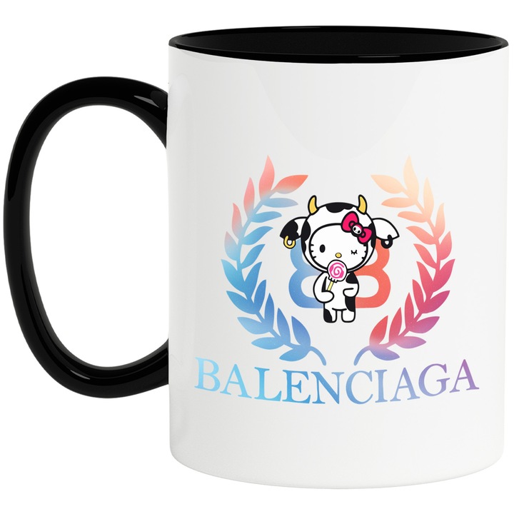 Cana Cu Hello Kitty, Cu Textul "Balenciaga" - Design 8, Ceramica, 330ML, Cu Maner si Interior Negru