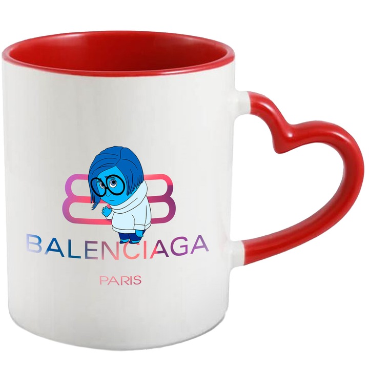 Cana Cu Inside Out, Cu Textul "Balenciaga Paris" - Design 1, Ceramica, 330ML, Cu Maner Inima Rosie si Interior Rosu