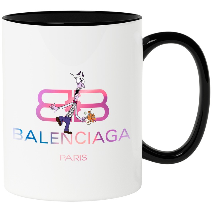 Cana Cu Inside Out, Cu Textul "Balenciaga Paris" - Design 2, Ceramica, 330ML, Cu Maner si Interior Negru