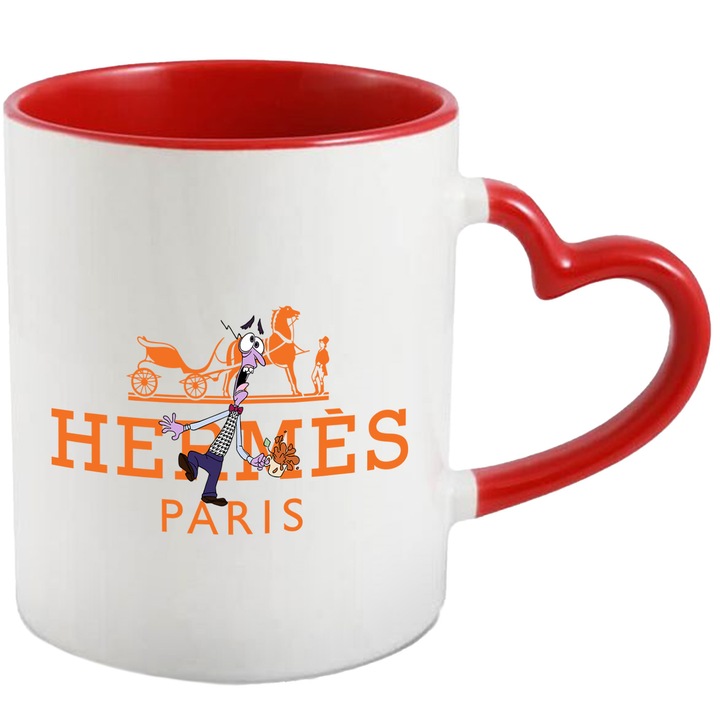 Cana Cu Inside Out, Cu Textul "Hermes Paris" - Design 2, Ceramica, 330ML, Cu Maner Inima Rosie si Interior Rosu