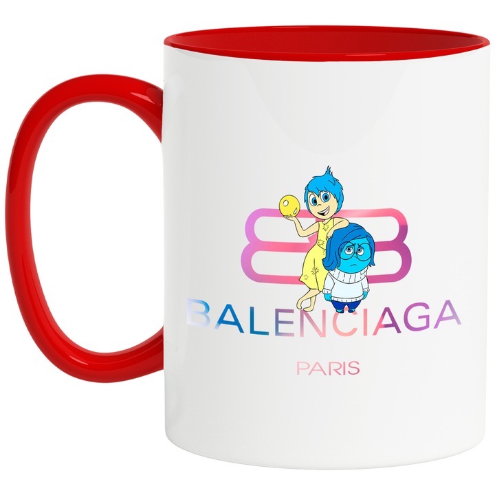 Cana Cu Inside Out, Cu Textul "Balenciaga Paris" - Design 3, Ceramica, 330ML, Cu Maner si Interior Rosu