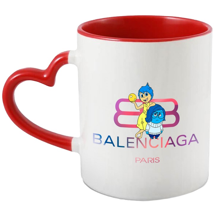 Cana Cu Inside Out, Cu Textul "Balenciaga Paris" - Design 3, Ceramica, 330ML, Cu Maner Inima Rosie si Interior Rosu