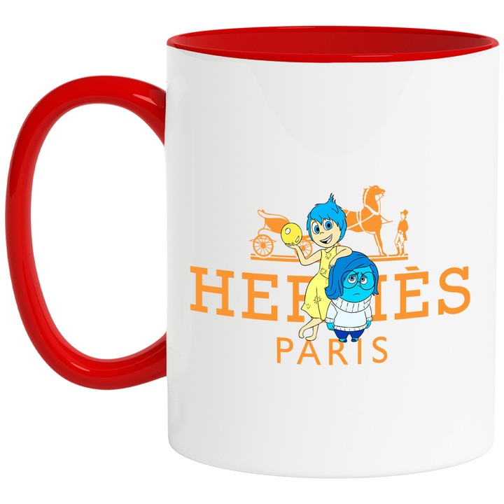 Cana Cu Inside Out, Cu Textul "Hermes Paris" - Design 3, Ceramica, 330ML, Cu Maner si Interior Rosu