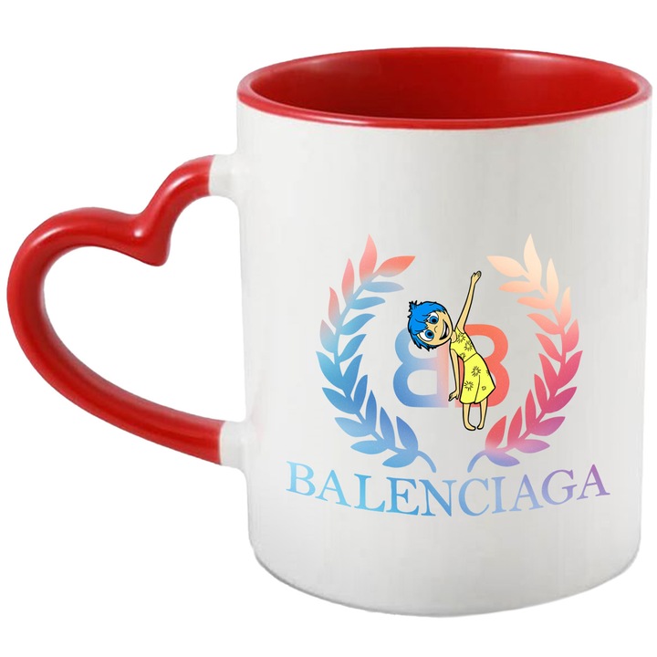 Cana Cu Inside Out, Cu Textul "Balenciaga" - Design 4, Ceramica, 330ML, Cu Maner Inima Rosie si Interior Rosu