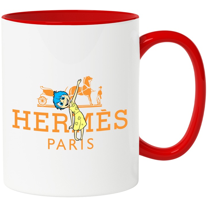 Cana Cu Inside Out, Cu Textul "Hermes Paris" - Design 4, Ceramica, 330ML, Cu Maner si Interior Rosu