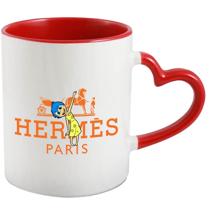 Cana Cu Inside Out, Cu Textul "Hermes Paris" - Design 4, Ceramica, 330ML, Cu Maner Inima Rosie si Interior Rosu