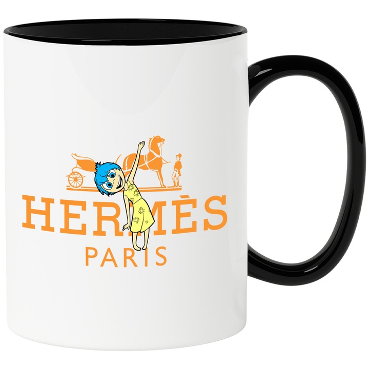 Cana Cu Inside Out, Cu Textul "Hermes Paris" - Design 4, Ceramica, 330ML, Cu Maner si Interior Negru